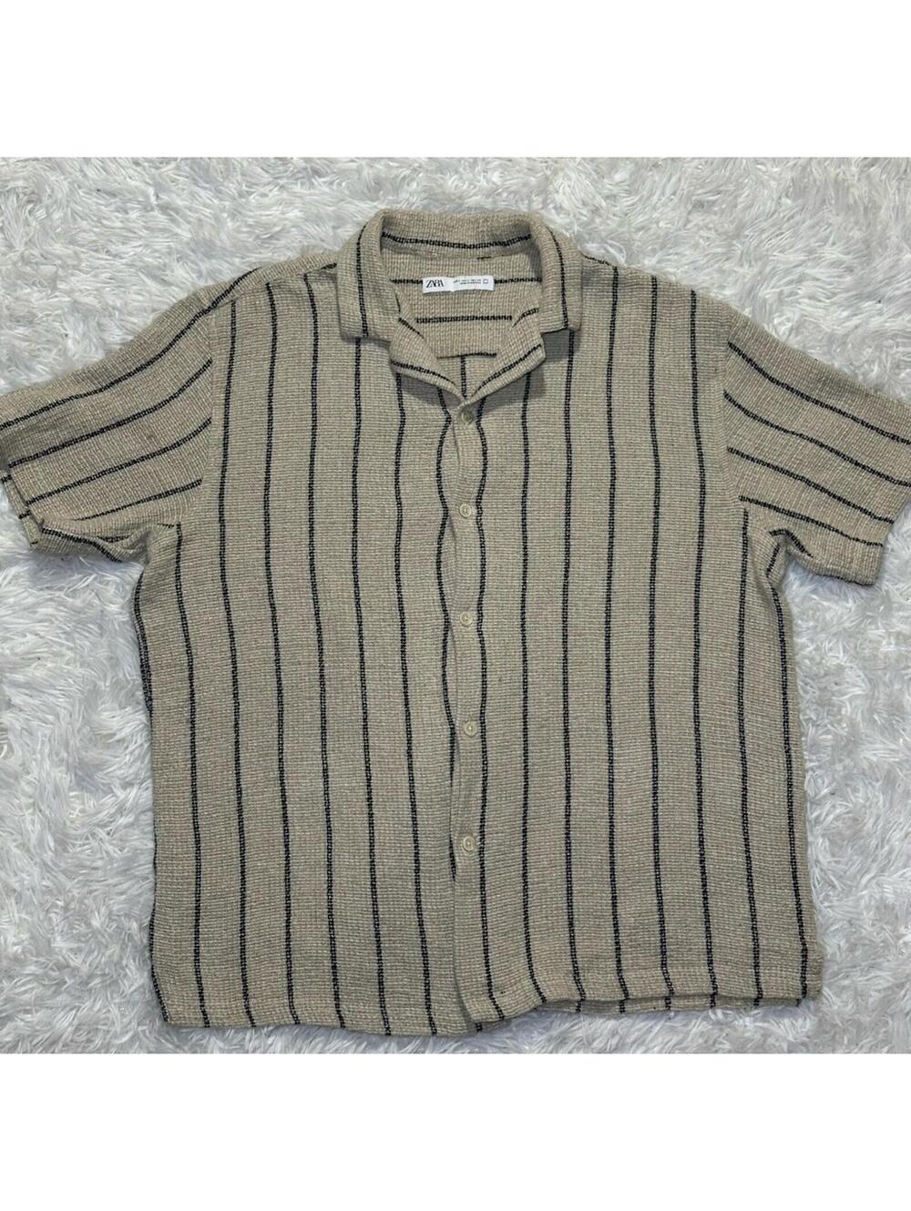 Zara Knit Shirt Mens Beige Navy Striped SS Camp Collar Cotton Blend Button Up L